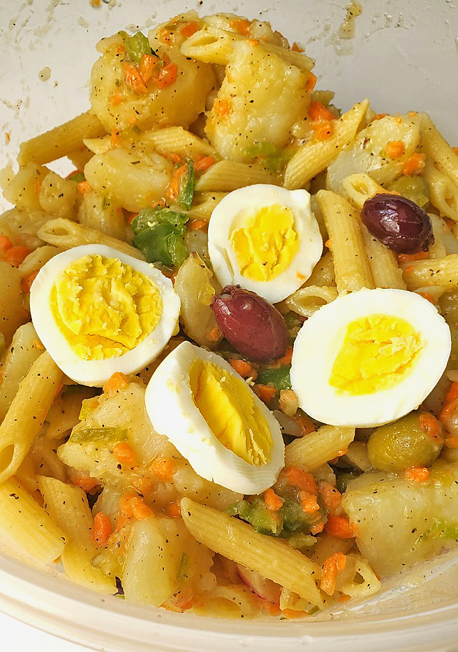 a combination of potatoes and pasta for one salad together