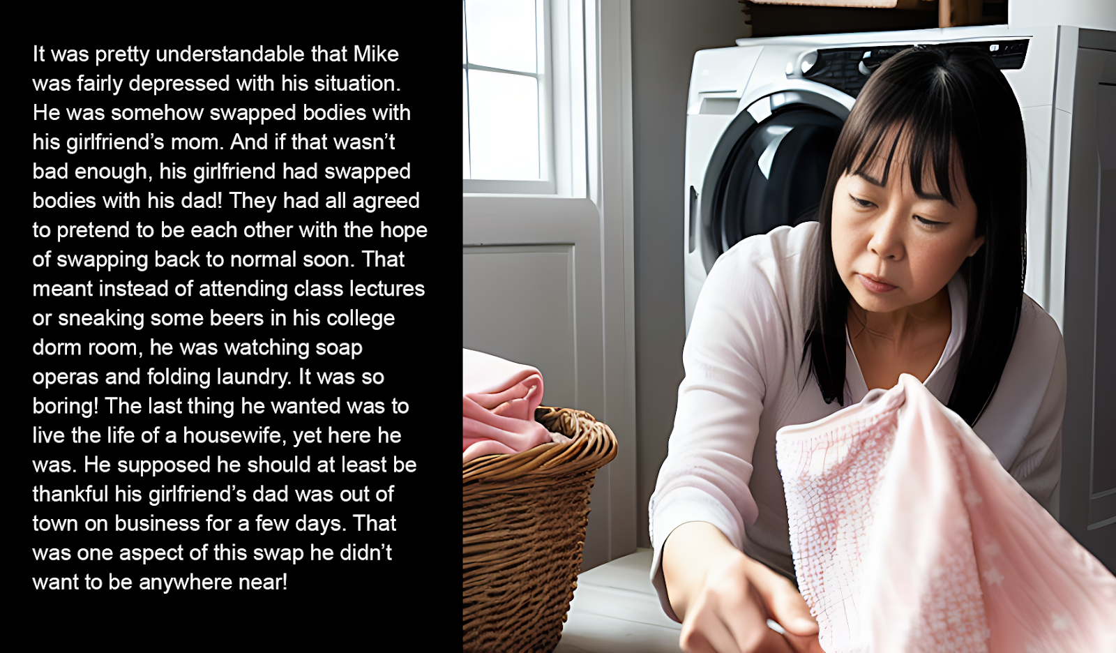 It was pretty understandable that Mike was fairly depressed with his situation. He was somehow swapped bodies with his girlfriend’s mom. And if that wasn’t bad enough, his girlfriend had swapped bodies with his dad! They had all agreed to pretend to be each other with the hope of swapping back to normal soon. That meant instead of attending class lectures or sneaking some beers in his college dorm room, he was watching soap operas and folding laundry. It was so boring! The last thing he wanted was to live the life of a housewife, yet here he was. He supposed he should at least be thankful his girlfriend’s dad was out of town on business for a few days. That was one aspect of this swap he didn’t want to be anywhere near!