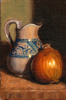 Oil painting of a blue and white porcelain jug beside a brown onion.