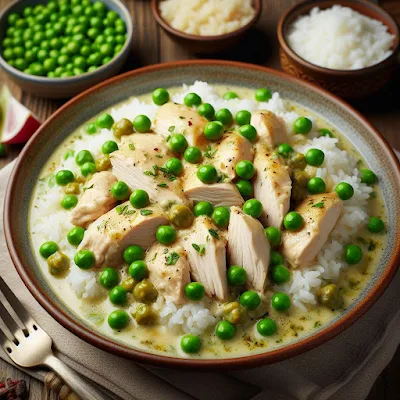 Auf dem Bild ist ein Teller mit Hühnerfrikassee und gekochtem Reis zu sehen. Das Hühnchenfleisch wurde in Streifen geschnitten. In der cremigen Sauce sind grüne Erbsen.