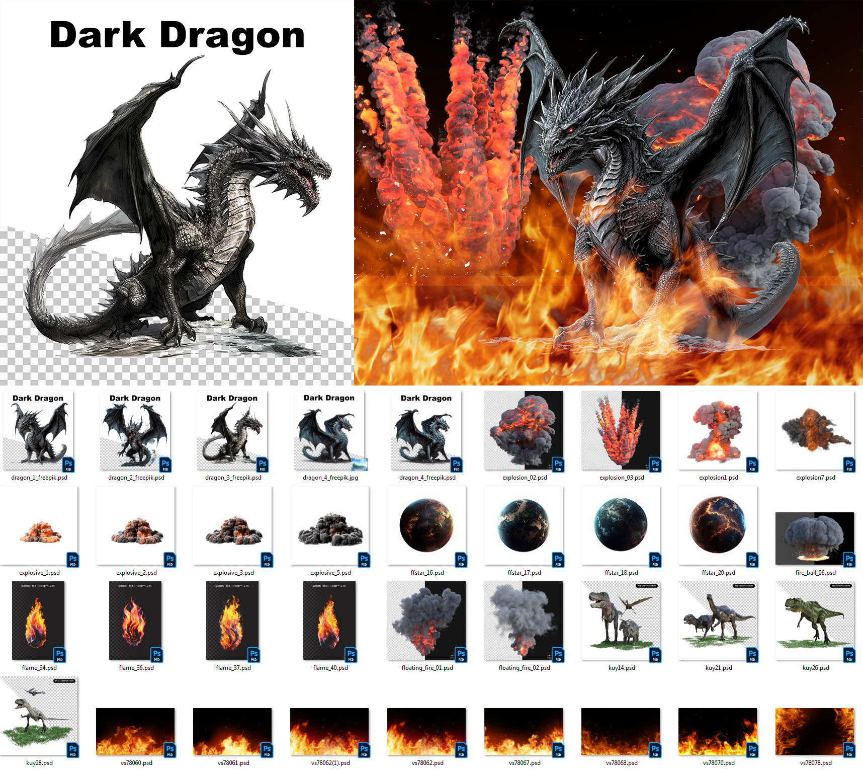 Elements for designs combining dragons and glowing fires in high quality, in editable psd format