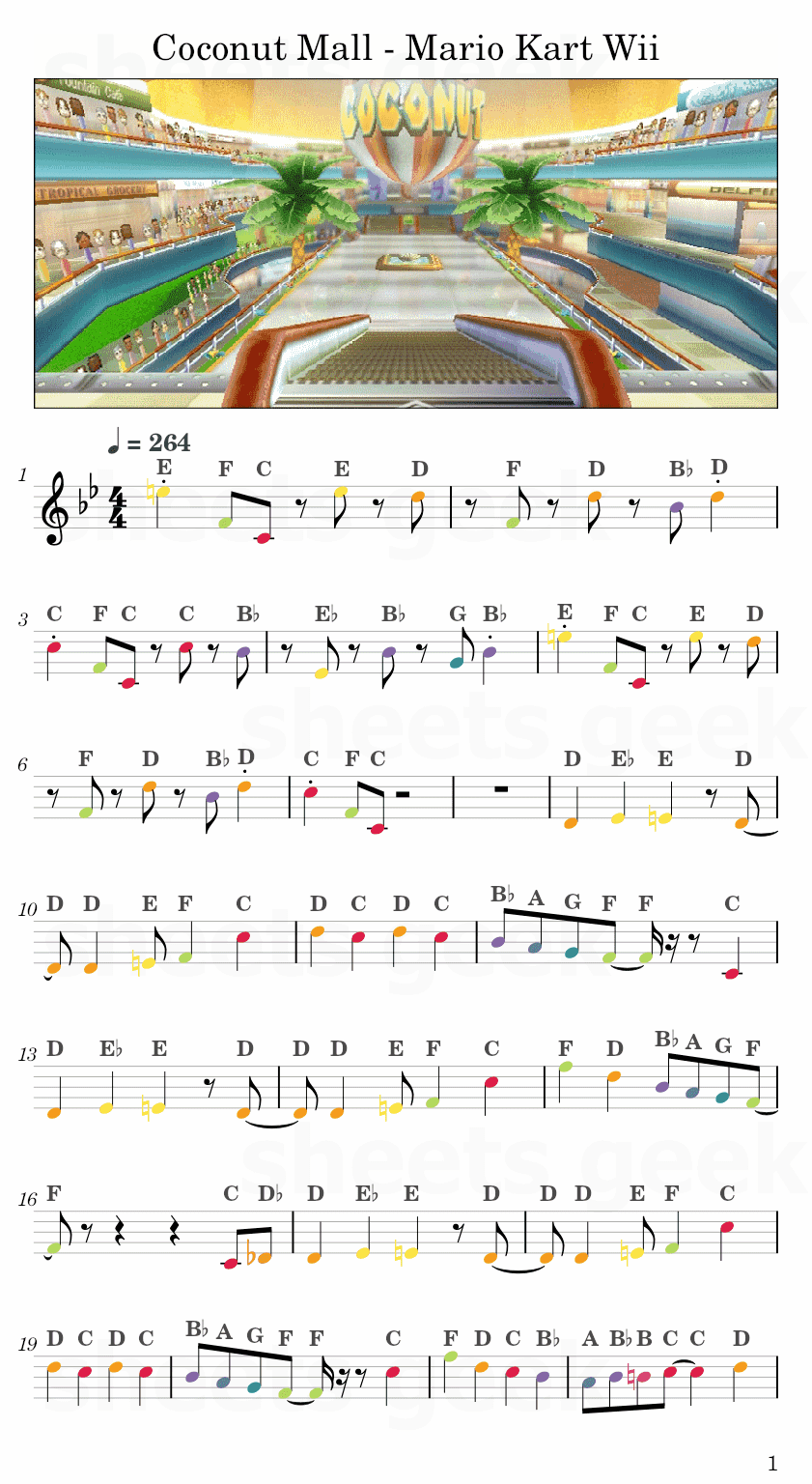Coconut Mall - Mario Kart Wii Easy Sheet Music Free for piano, keyboard, flute, violin, sax, cello page 1