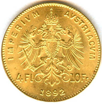 Austrian 4 Florin 10 Francs golden coin
