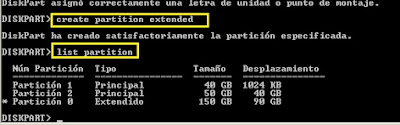 create partition extended de DiskPart