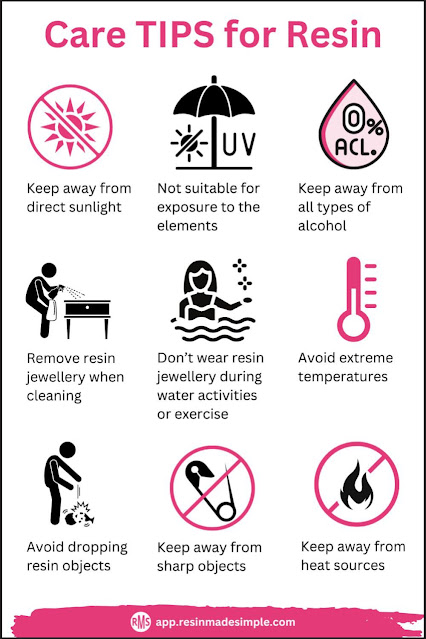 Care Tips for Resin cheat sheet featuring care and safety symbols