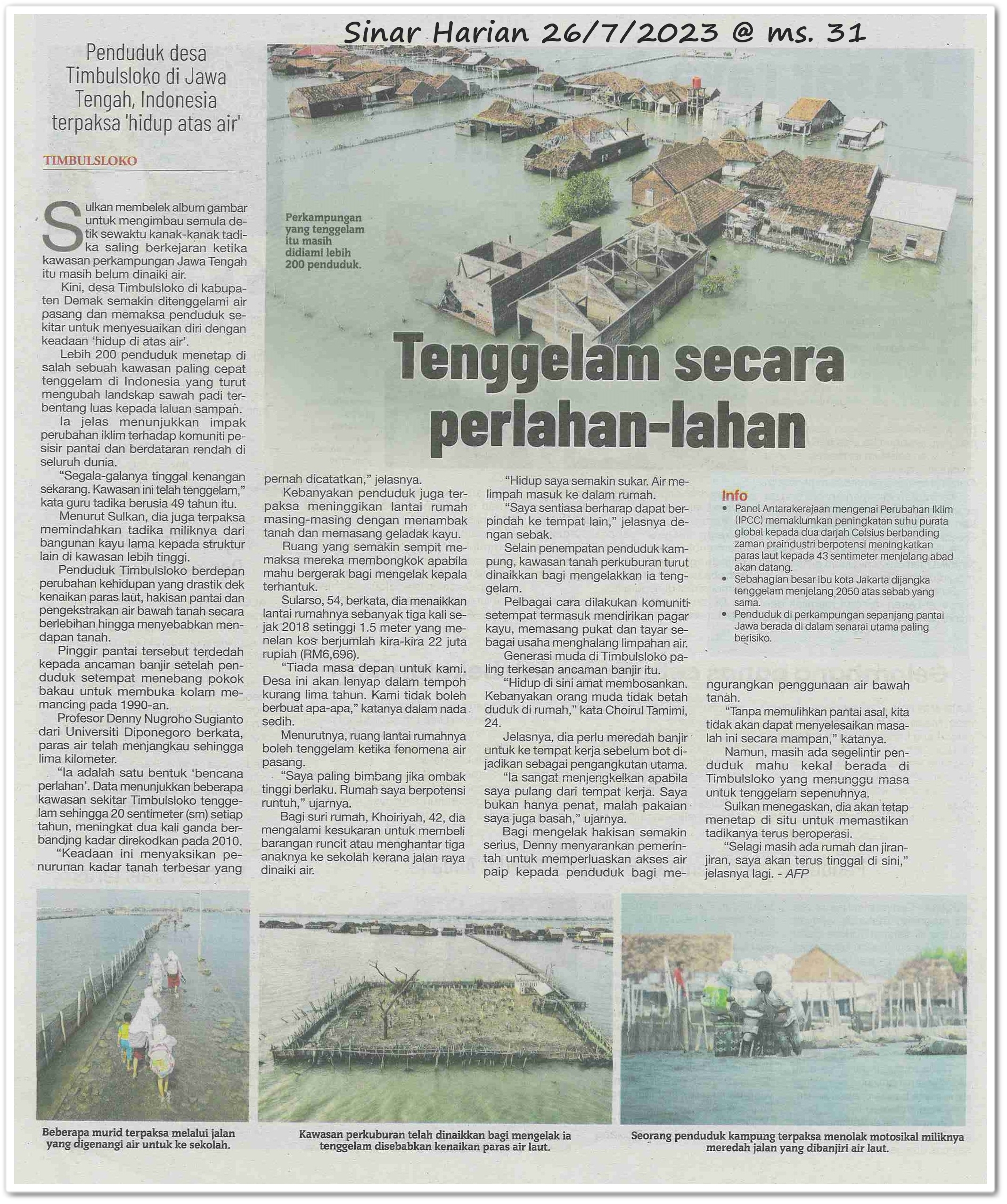 Tenggelam secara perlahan-lahan ; Penduduk desa Timbulsloko di Jawa Tengah, Indonesia terpaksa 'hidup atas air' - Keratan akhbar Sinar Harian 26 Julai 2023