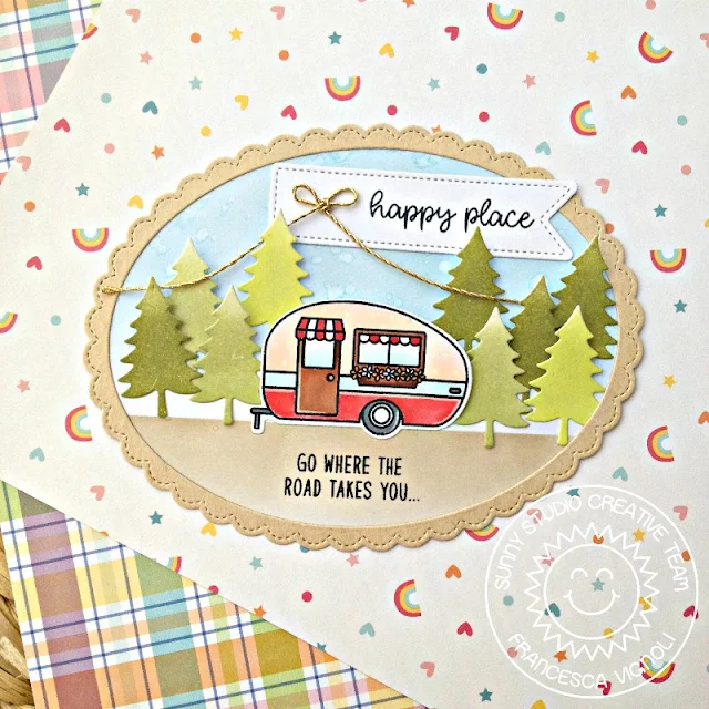 Sunny Studio Stamps: Happy Camper Fancy Frames Oval Shaped Happy Place Card by Franci Vignoli