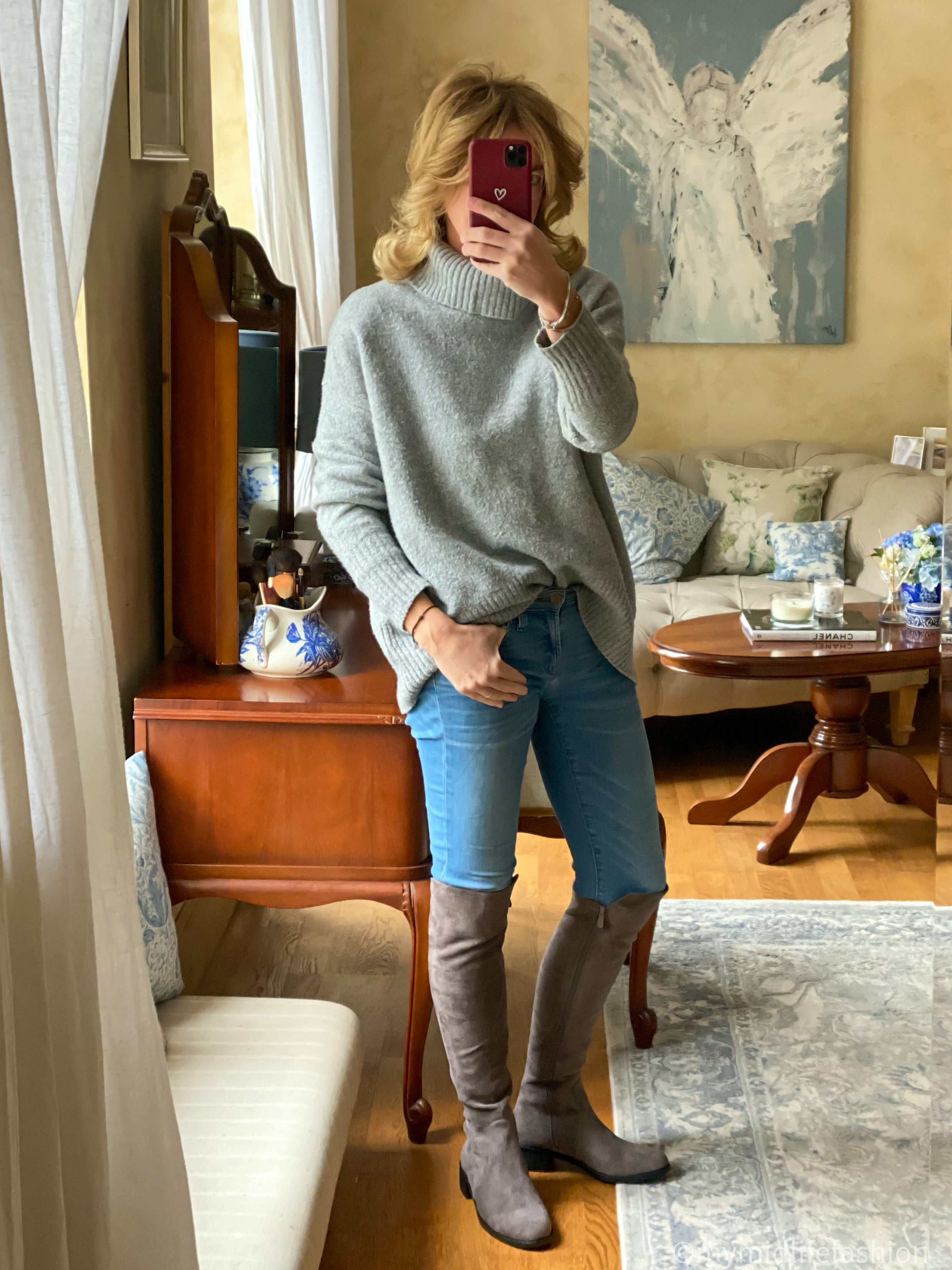 my midlife fashion, amazon roll neck jumper, j crew 8 inch toothpick skinny jeans, newbella long tube flat side zip boots