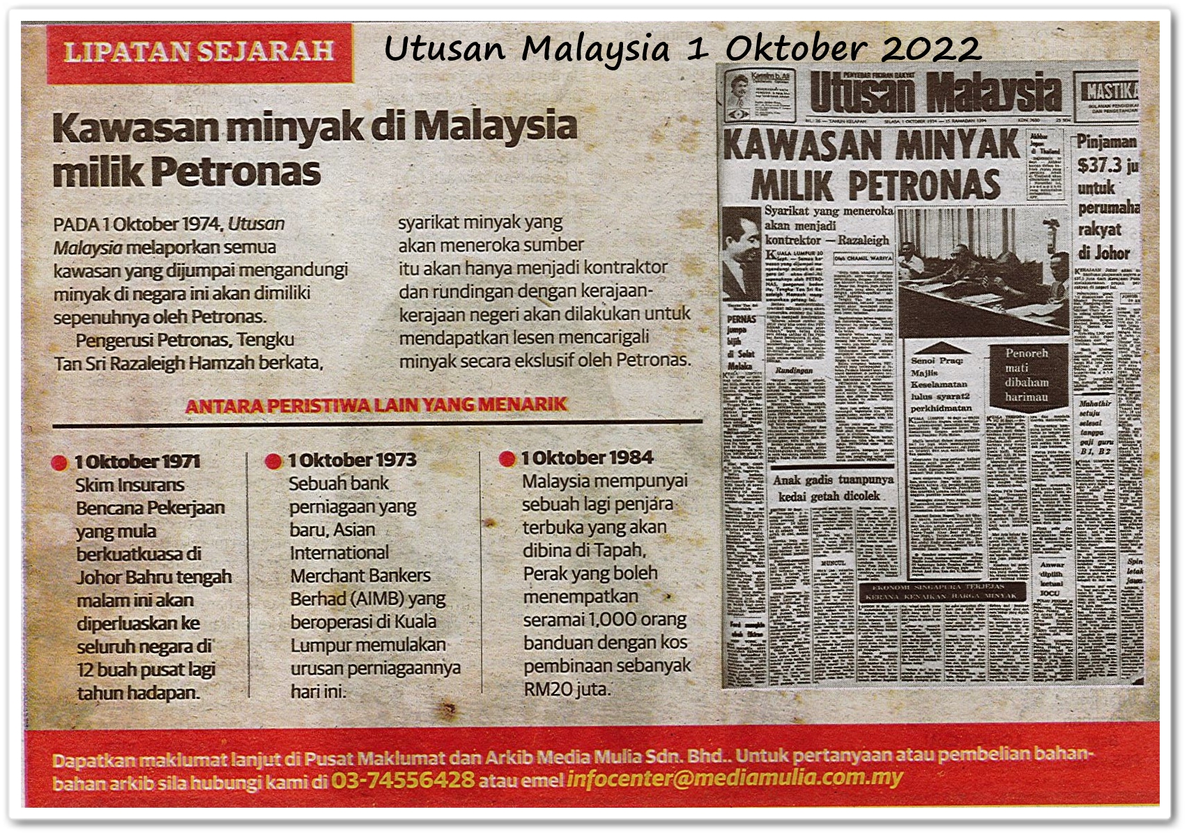 Lipatan sejarah 1 Oktober - Keratan akhbar Utusan Malaysia 1 Oktober 2022