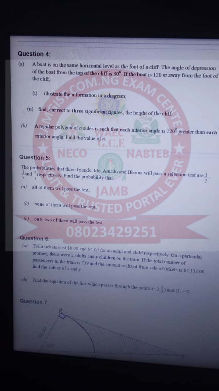 WAEC GCE Mathematics 2024 Questions And Answers