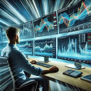 "A focused day trader analyzing multiple monitors displaying fast-moving stock charts and candlestick patterns for short-term trading decisions."