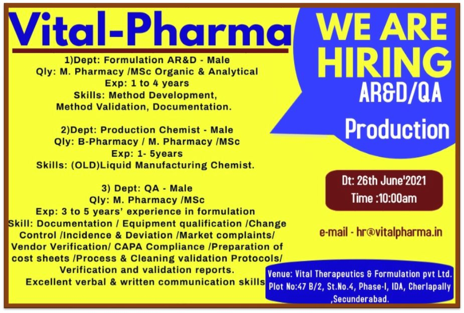 Job Availables, Vital Pharma Walk-In Interviews for Production, AR&D, Quality Assurance Department