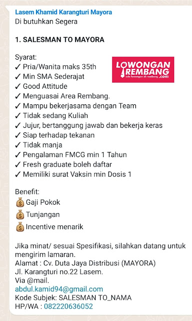 Lowongan Kerja Pegawai Salesman CV Duta Jaya Distribusi (Subdist Mayora) Area Rembang