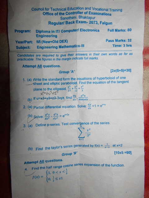 [CTEVT] 2nd Year 1st Semester Engineering Mathematics III | Questions Papers | Diploma in Engineering