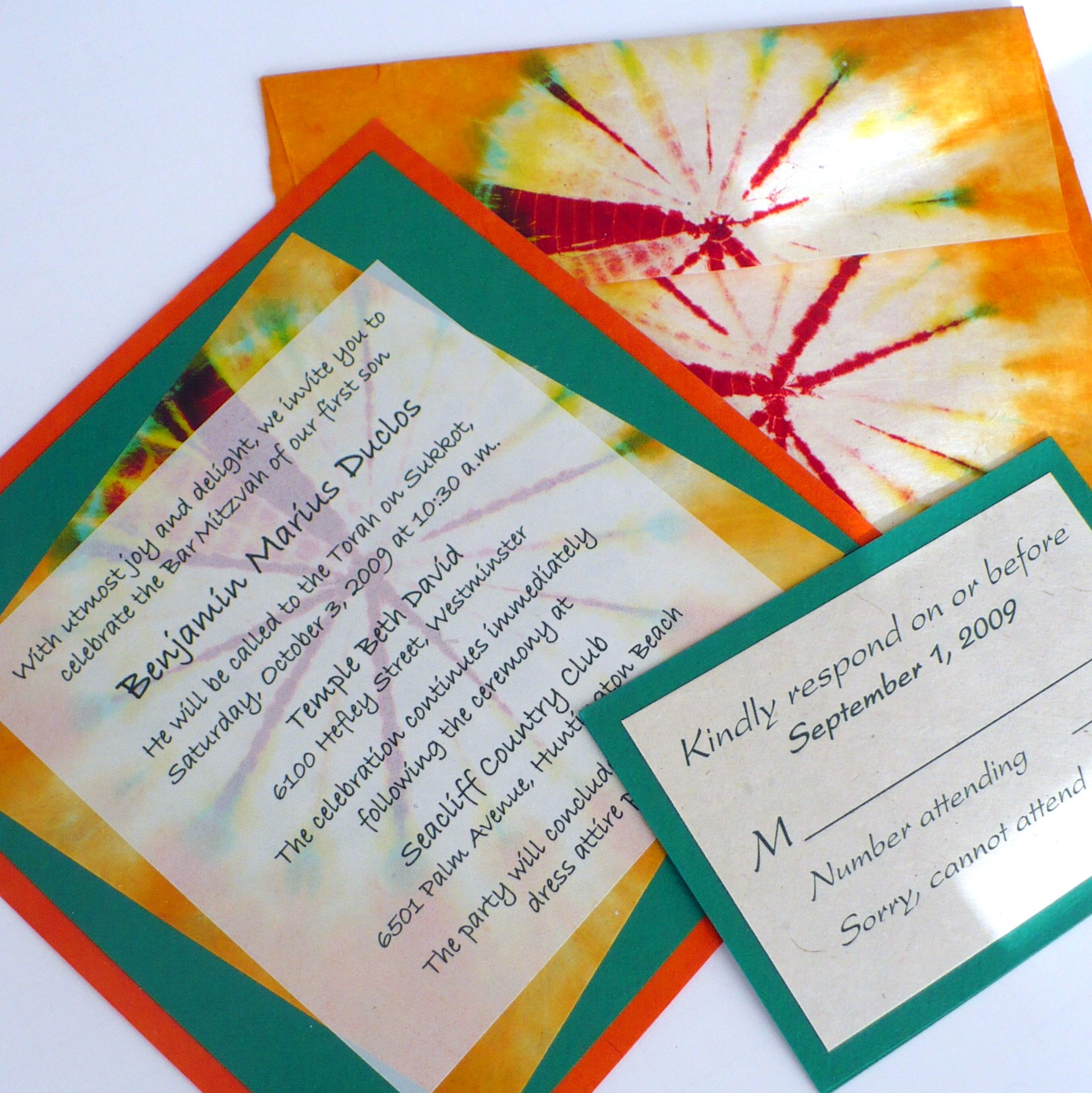 ... Orange and green tie dye Bar Mitzvah invitation with matching envelope