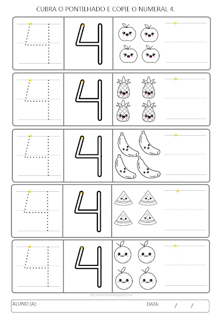 Recursos:  Fichas com os números de 1 a 10 para cobrir, copiar e colorir: Encontre diferentes atividades para cada número, como colagem com diferentes materiais, caligrafia e pintura com cores vibrantes. Materiais criativos: Lápis de cor, tintas, giz de cera, papel, cola, glitter, etc. Sua imaginação: Explore a criatividade e invente novas formas de aprender. Baixe as fichas de atividades, prepare seus materiais e embarque nesta jornada numérica inesquecível!  Ajude seu filho a dominar os números de 1 a 10 de forma divertida e personalizada!  Palavras-chave: Atividade Pré-escolar, Números de 1 a 10, Colagem, Cópia, Caligrafia, Pintura, Coordenação Motora Fina, Raciocínio Lógico, Contagem, Criatividade, Aprendizagem, Diversão, Mural Colorido.  Dicas para tornar a atividade ainda mais especial:  Cante músicas sobre os números enquanto a criança realiza as atividades. Crie jogos de adivinhação com os números. Conte histórias que utilizem os números como personagens. Exponha os números que a criança completou em um lugar especial. O importante é que a criança se divirta enquanto aprende!  Exemplo de atividade para o número 1:  Cole 1 pompom no círculo. Desenhe 1 flor. Escreva o número 1 no espaço indicado. Pinte o número 1 com a cor que você mais gosta. Explore as diversas atividades disponíveis para cada número e personalize a jornada de aprendizado do seu filho!