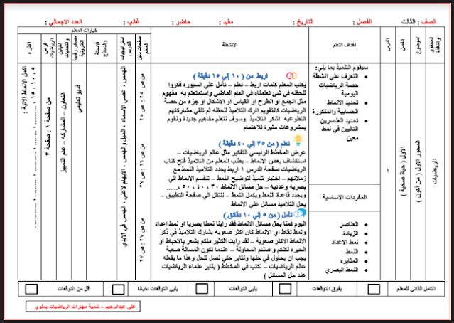 تحميل دفتر تحضير حصص الرياضيات للصف الثالث الابتدائي الترم الاول 2023 pdf