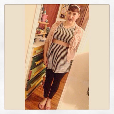 Pin Up Fashion ootd plus size outfit for work super cute pale pink cardigan with black and white striped mini dress