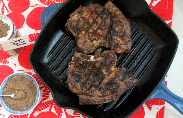 Food Lust People Love: These java dry spice mix chops are seared for a few minutes in a hot grill pan, then finished off in a hot oven, which keeps them tender and juicy. The java dry spice rub is made with ground roasted coffee beans, cumin, brown sugar, smoked paprika and garlic powder. And, of course, salt!