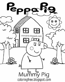 Playgroup sketching ideas Mummy Pig Peppa pig simple to copy printable family home coloring pictures