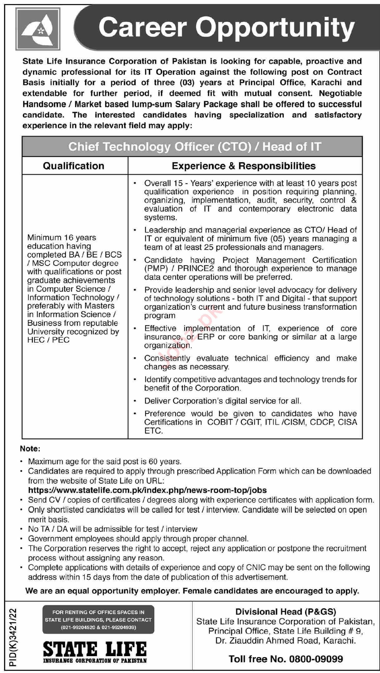 Jobs in State Life Insurance Corporation of Pakistan
