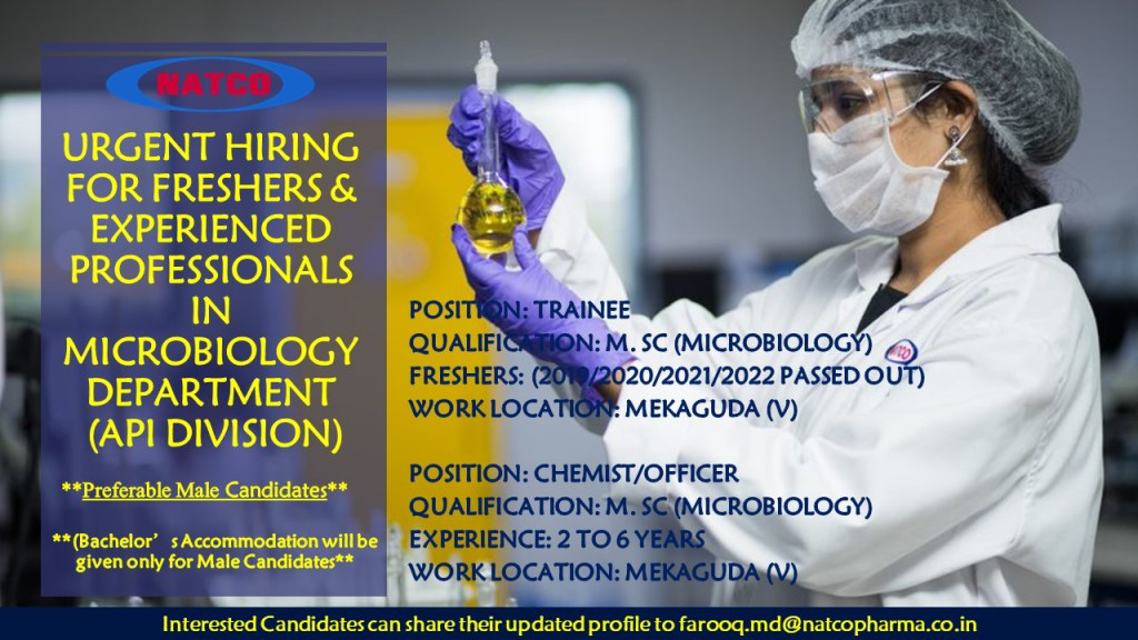 Job Available's for Natco Pharma Pvt Ltd Job Vacancy for Fresher’s & Experienced/ MSc Microbiology