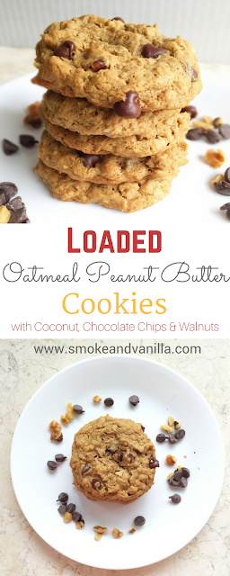 Loaded Oatmeal Peanut Butter Cookies by www.smokeandvanilla.com - A simple and easy recipe for chewy, flour-less, and gluten free peanut butter cookies loaded with oatmeal, chocolate chips, walnuts, and coconut. http://bit.ly/2o1yz9G