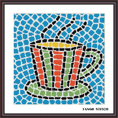 Cup of tea blue mosaic cross stitch embroidery design - Tango Stitch
