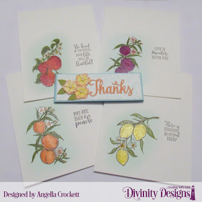 Divinity Designs Peach Branch, Apple Branch, Lemon Branch, Belly Band Dies, Bitty Blossoms Dies, Flourishes Embossing Folder, Card Set Designed by Angie Crockett