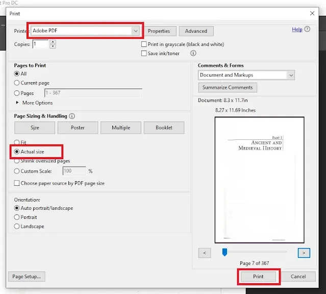 Print to save as PDF in Adobe Acrobat Reader