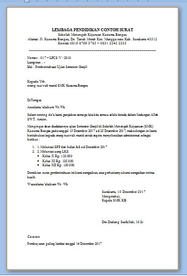 Contoh Surat Pemberitahuan Ujian Semester Sekolah Dan Pelunasan Pembayaran