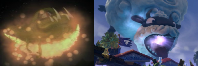 Images comparatif entre un monstre du jeu Pandemonium et une créature de Skylanders.