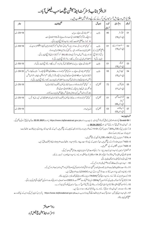 District & Session Court Faisalabad New Jobs 2021