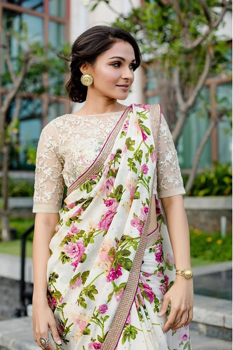 Andrea Jeremiah Looking Hot In Floral Saree Pics