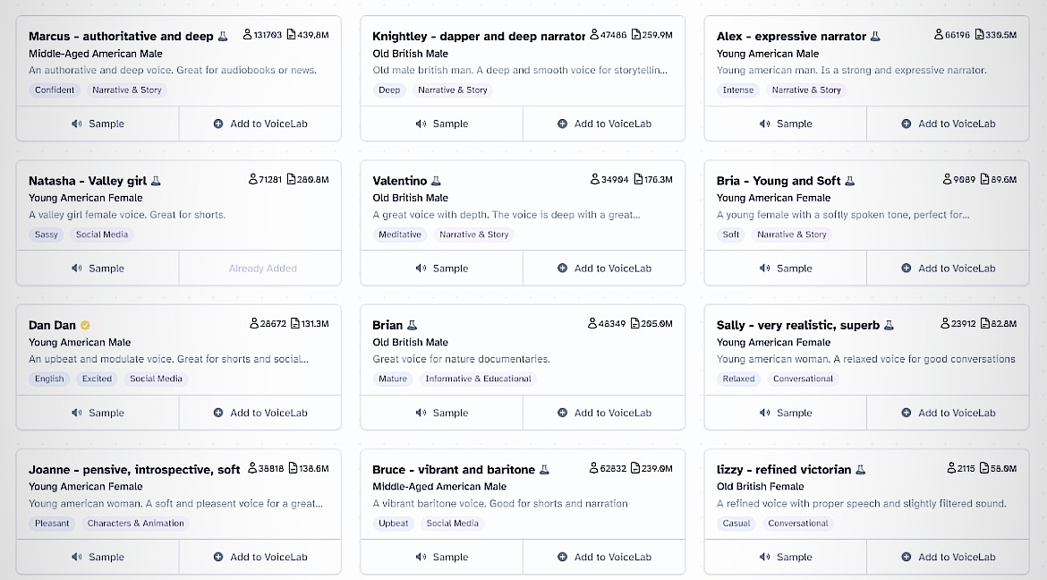 ElevenLabs offers an array of different voices, some synthetic, some cloned from voice actors