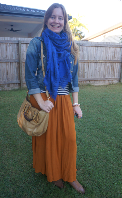 cobalt scarf, denim jacket, striped tee and orange maxi skirt with knee high boots chloe ethel bag | awayfromblue