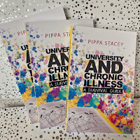 Three University and Chronic Illness books are fanned out at an angle on a silver spotted background. The full cover is visible on the top book.