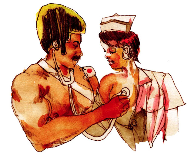 Black Dynamite discovers the only good thing about a cold stethoscope.