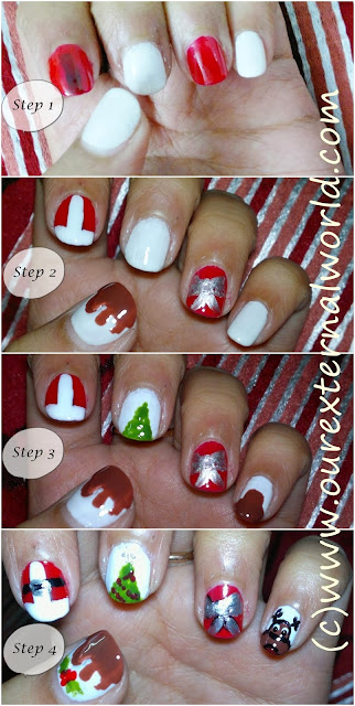 Christmas Nail Art Step By Step Tutorial For Santa Claus, Reindeer, Christmas Pie and Christmas Tree