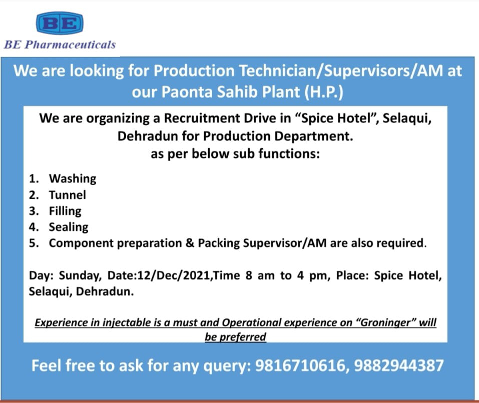 Job Availables,BE Pharmaceuticals Job Vacancy For Production