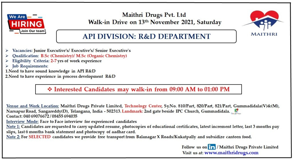 Job Availables,Maithri Drugs Pvt. Ltd Walk-In-Interview For B.Sc (Chemistry)/ M.Sc (Organic Chemistry)