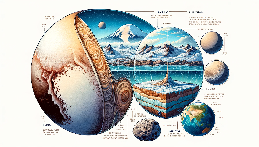 Una ilustración detallada que muestra las características físicas únicas de Plutón, incluyendo su tamaño relativo a la Tierra, su superficie helada, su núcleo rocoso y su atmósfera delgada.