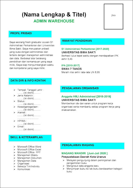 contoh 2 daftar riwayat hidup admin warehouse (admin gudang) yang baru pertama kali melamar pekerjaan