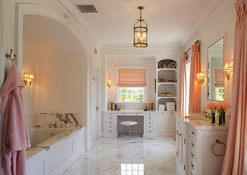 beautiful pink white gold master bathroom