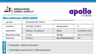 Apollo Tyres Ltd Recruitments Freshers Diploma Holders as Production Engineer Trainee Posts |  Male and Female Both Can Apply