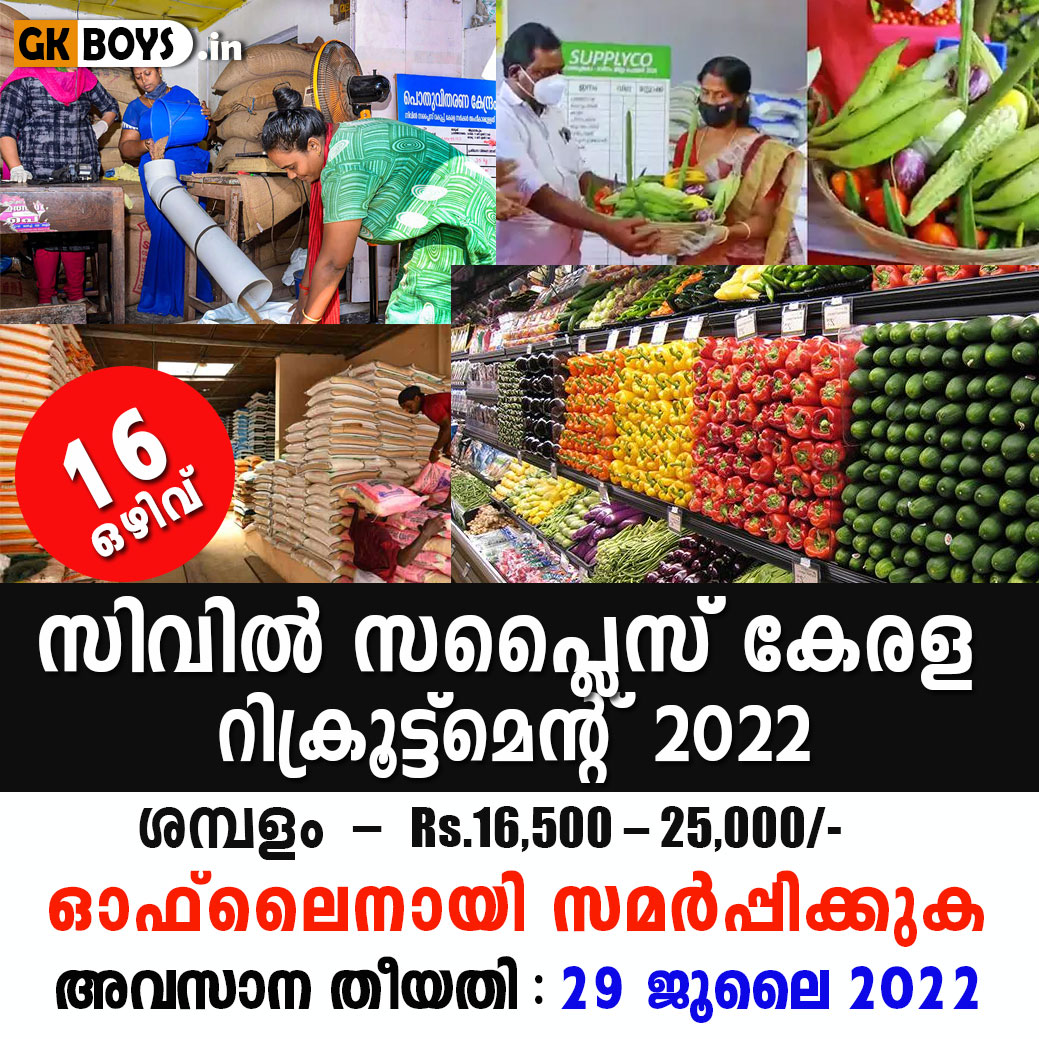 Civil Supplies Kerala Recruitment 2022 | 16 Vacancies | Apply Offline