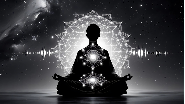 A person meditating against a cosmic background, symbolizing the connection between sound frequencies and spiritual consciousness.