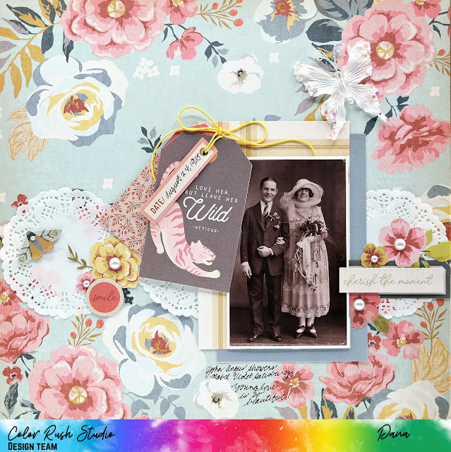 Vintage wedding scrapbook layout created with the Simple Stories Wildflower collection and embellishments from the Color Rush Studio January 2024 Kit.