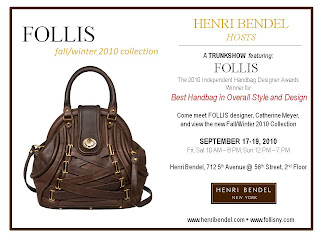 FOLLIS handbags trunk show at Henri Bendel, 9/17-19 in NYC! featured on Shopalicious.com