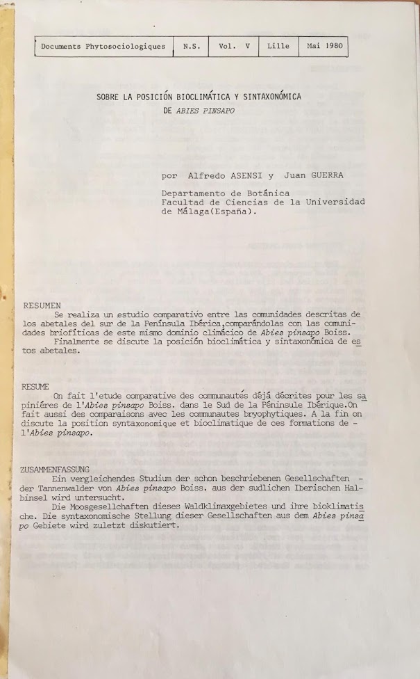 Portada de la separata del artículo de Alfredo Asensi y Juan Guerra (1980), Sobre la posición bioclimática y sintaxonómica de Abies pinsapo. Fuente: Archivo de José Pino Rivera.